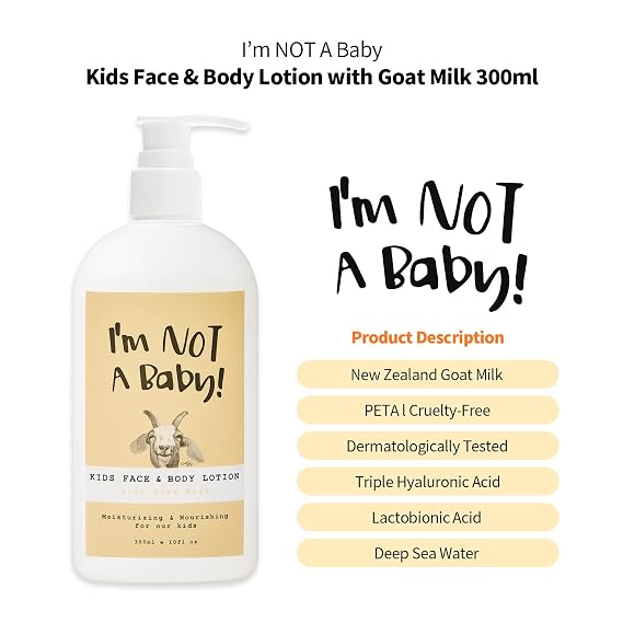 Im NOT A Baby! Kids Face & Body Lotion for dry skin, Dermatologist Tested, Allergen-free, PETA, Cruelty-free, Gentle for Kids, Goat Milk and Milk Sugar, 10fl oz