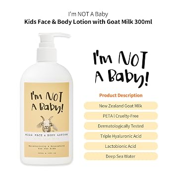 Im NOT A Baby! Kids Face & Body Lotion for dry skin, Dermatologist Tested, Allergen-free, PETA, Cruelty-free, Gentle for Kids, Goat Milk and Milk Sugar, 10fl oz