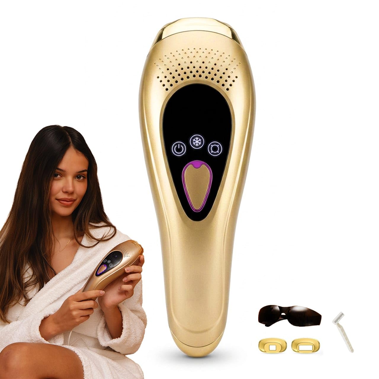 Depiladora Laser IPL sin Dolor.,con Enfriamento, Eliminacion de Vello Permanente en Casa, 9 Niveles, 999.999 Pulsos, Kit Premium con Bolsa de Terciopelo y Gafas