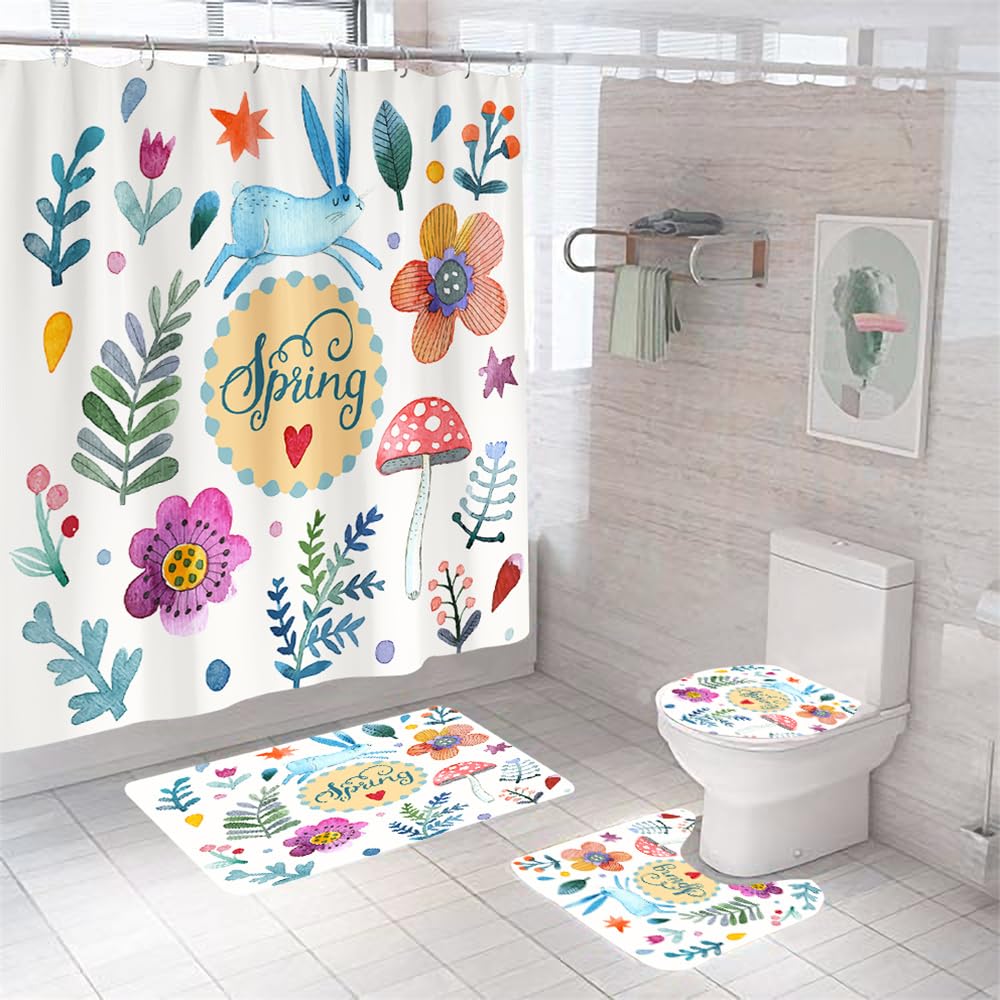 Alfombra Baño Flores, Hojas, Setas Juego De 4 Alfombras Lavable,Secado Rapido - Baño*1+Tapa del Inodoro*1+ Alfombra*1 Tipo U+Cortinas 180X180 50×80Cm