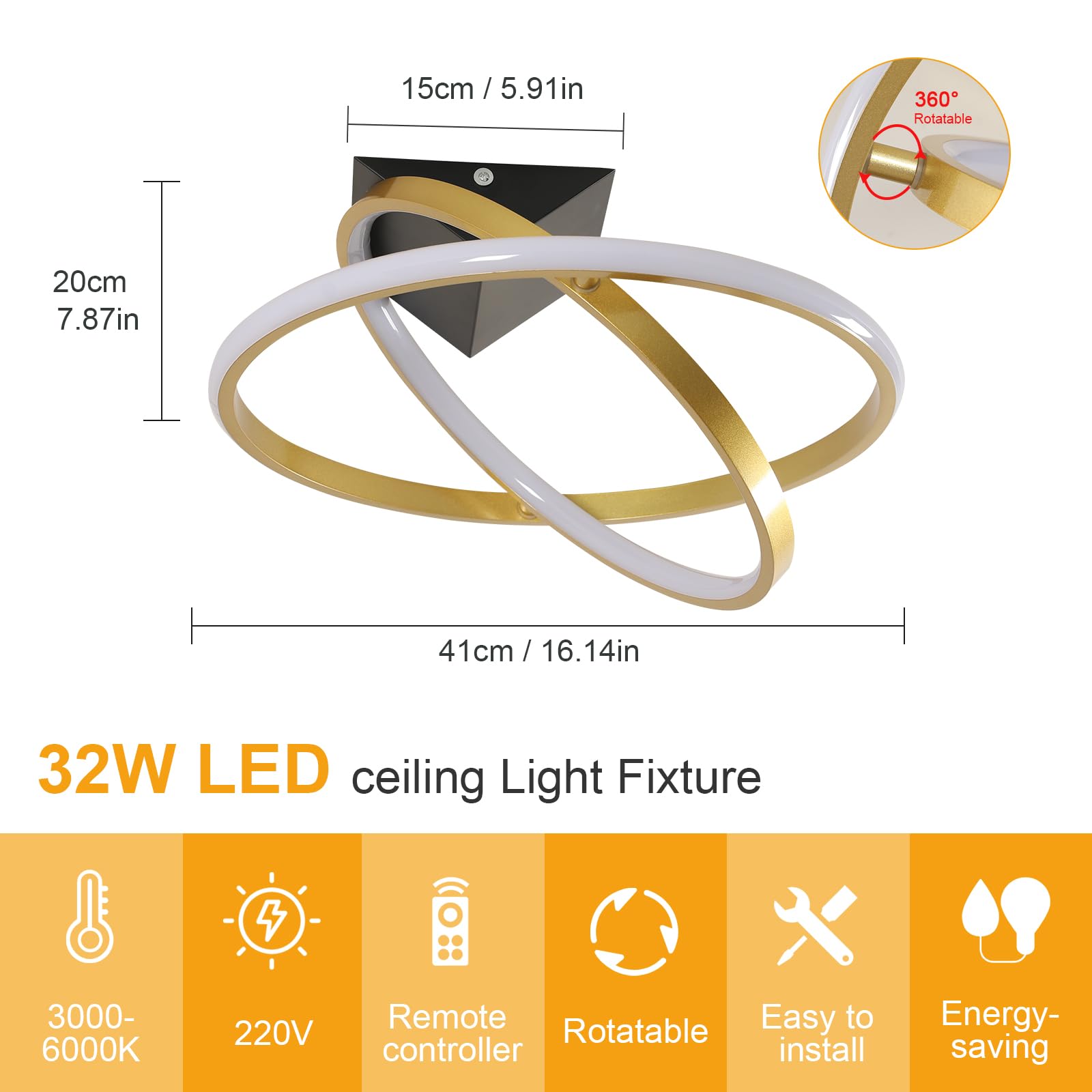 Plafoniera LED Soffitto Moderna, 32W 3600LM Lampada Dimmerabile con Telecomando 3000K-6500K, Ruotabile 360° Lampadario Moderno per Camera da Letto Soggiorno Cucina, Ø41CM, Oro