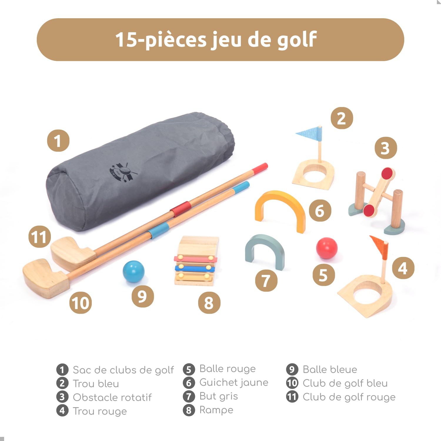 umu® Mini Golf en Bois pour Enfants – 6 Obstacles, Jouets d'intérieur et d'extérieur avec balles et Clubs de Golf – Jouet éducatif créatif pour garçons et Filles à partir de 3, 4, 5, 6 Ans