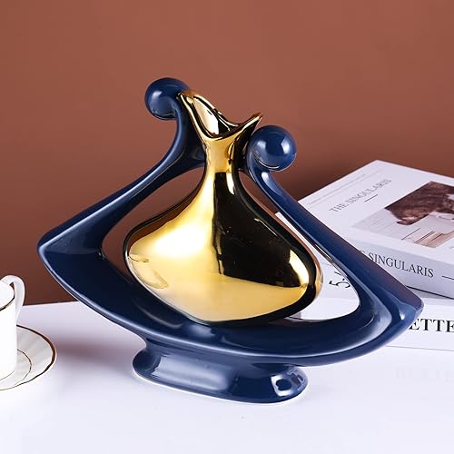 Miniatura 3 de Jarrones modernos para decoración, jarrón de cerámica azul con decoración dorada, jarrones decorativos para el hogar para flores, jarrón azul dorado