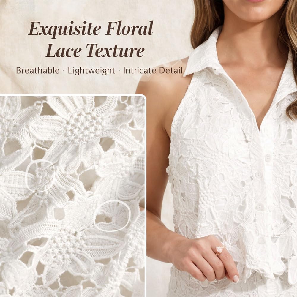 Women's Two-Piece Floral Lace Lapel Vest Top & Wide Leg Pants Set, Sleeveless Hollow Out Vest With Wide Leg Pants