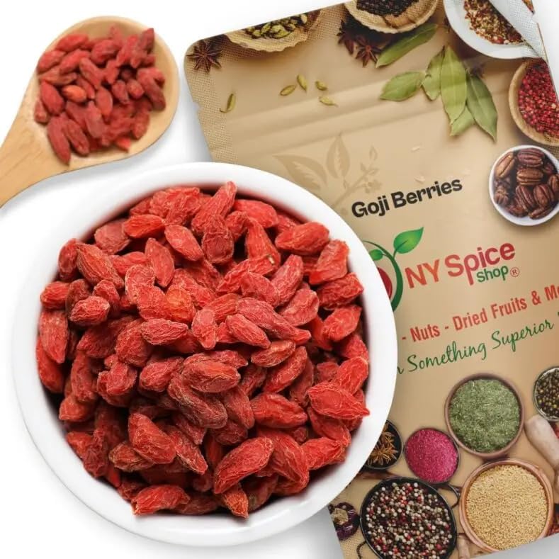 NY Spice Shop Bayas secas de Goji  Bayas de Goji crudas secas al sol de 8 onzas  Textura masticable de superalimentos  Fruta entera secada al sol