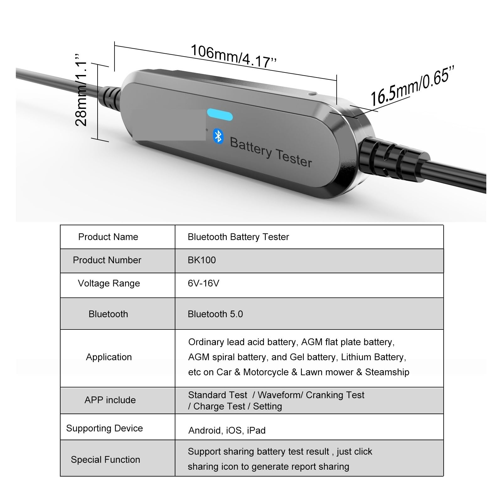 Tester AkumulatoróW Tester Akumulatora Motocykla Samochodowego Bluetooth 5.0 Analizator Akumulatora 6 V 12 V 100 Do 2000 CCA(Black)