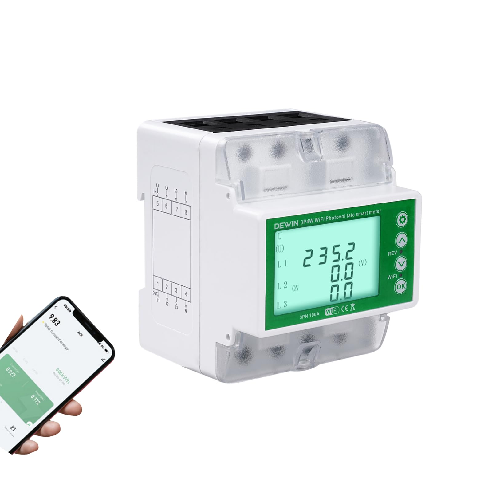 Contador Eléctrico Trifásico, Contador Inteligente Bidireccional Tuya WiFi con Protección Contra Sobretensión y Contra Sobrecorriente Contador Inteligente 100 A 380VCA Blanco
