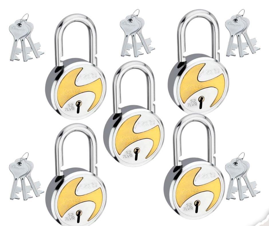 Azco Round Locks Sport Small Size 50mm 3 Same Keys Each 5 Padlocks | 7 Levers Double Locking | Lock and Keys for Home Door Shutter Shop Office Main Gate, Gold Silver (Pack of 5)-image-14