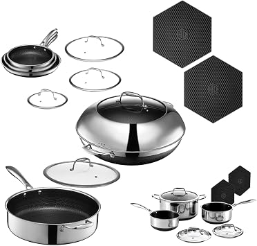 HexClad Hybrid Nonstick 20-Piece Cookware Set, 6-Piece Pan Set, 6-Piece Pot Set with 2 Trivets, 14" Wok with Lid, 5.5Qt Saute Pan with Lid, and 2-Piece Silicone Trivet Set