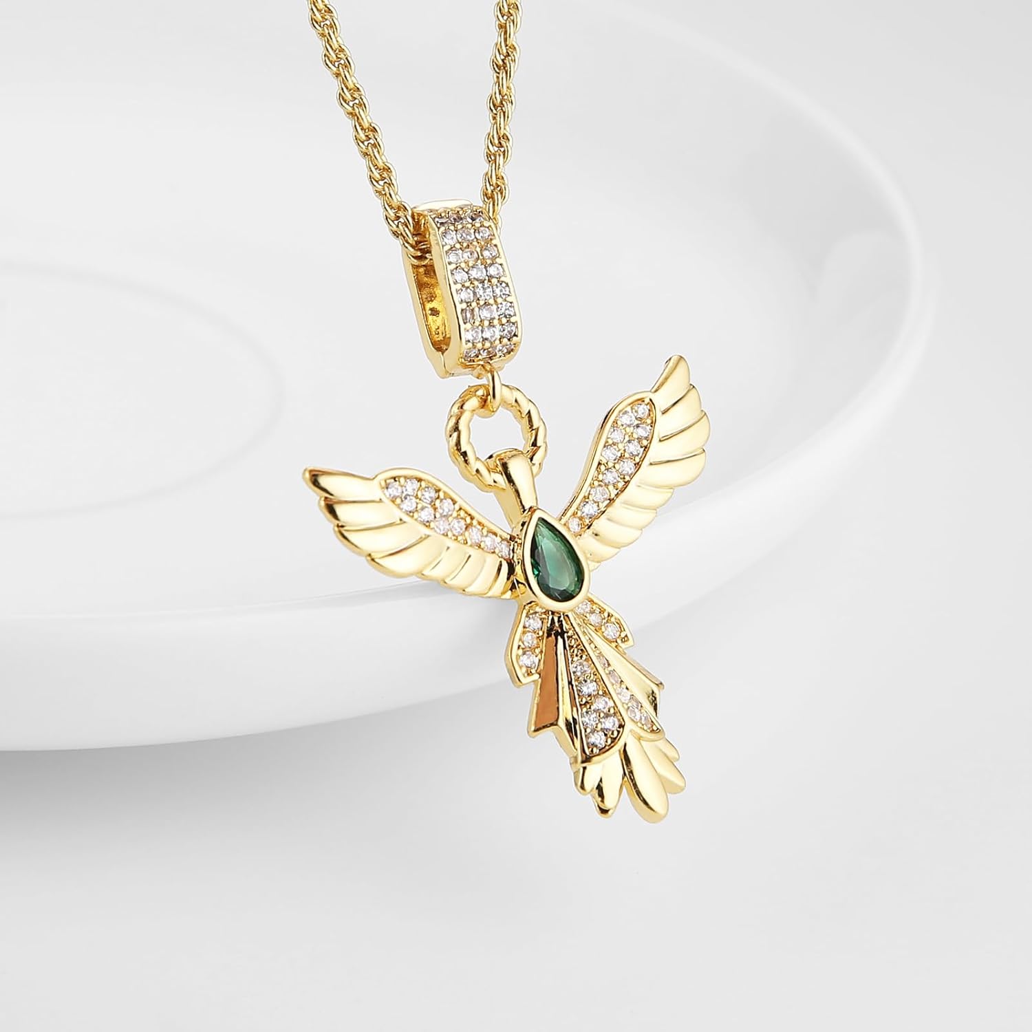 HZMAN Dove Pendant Necklace for Women with Green Crystal, 14K Gold Plated Brass Holy Spirit Bird Charm, Inspirational Christian Jewelry Gift for Mother Daughter - Image 4