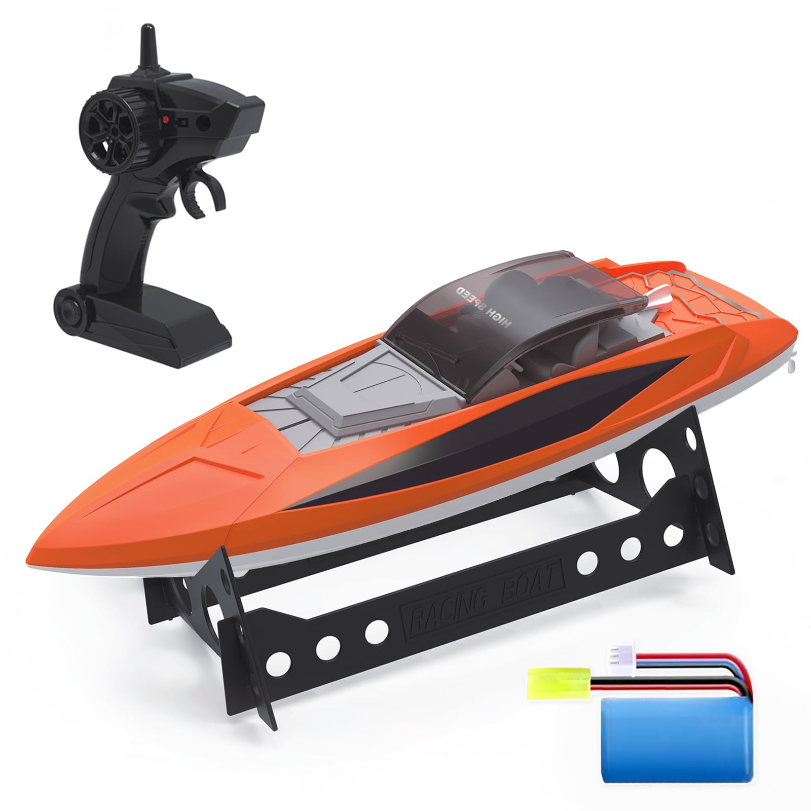 OKGIUGN Fast RC Boat for Pools and Lakes, 2.4 GHz 20+ MPH Racing Boats with Rechargeable Battery, Low Battery Alarm, Capsize Recovery (Orange)