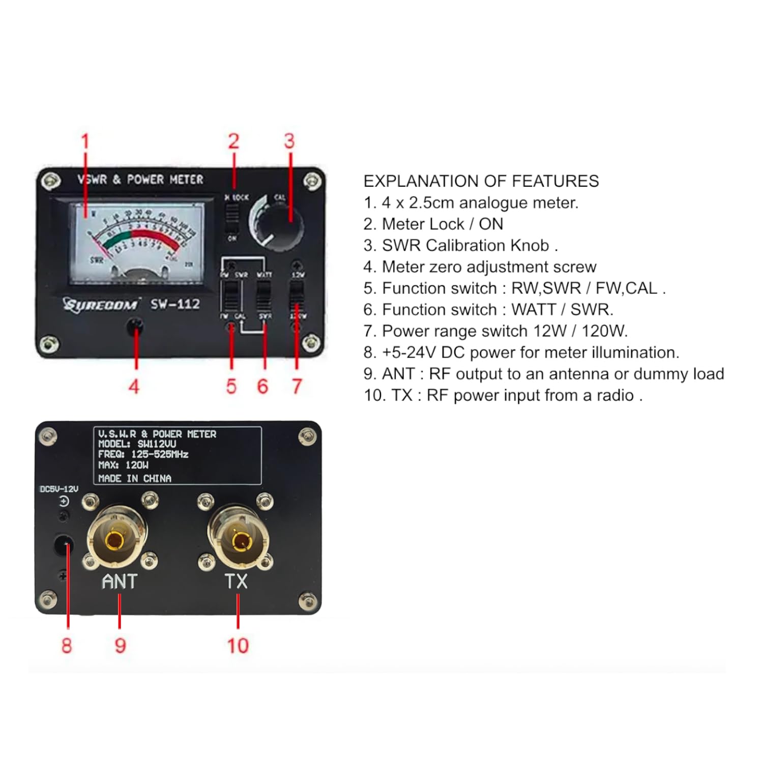 Mcbazel Surecom SW-112VU Power Meter Fréquence 125-525MHz Plage de Puissance 0-120W V.S.W.R. & Mètre de Puissance, Supporte Le Mètre de Puissance RF Réfléchi Avancé de 50 Ohms