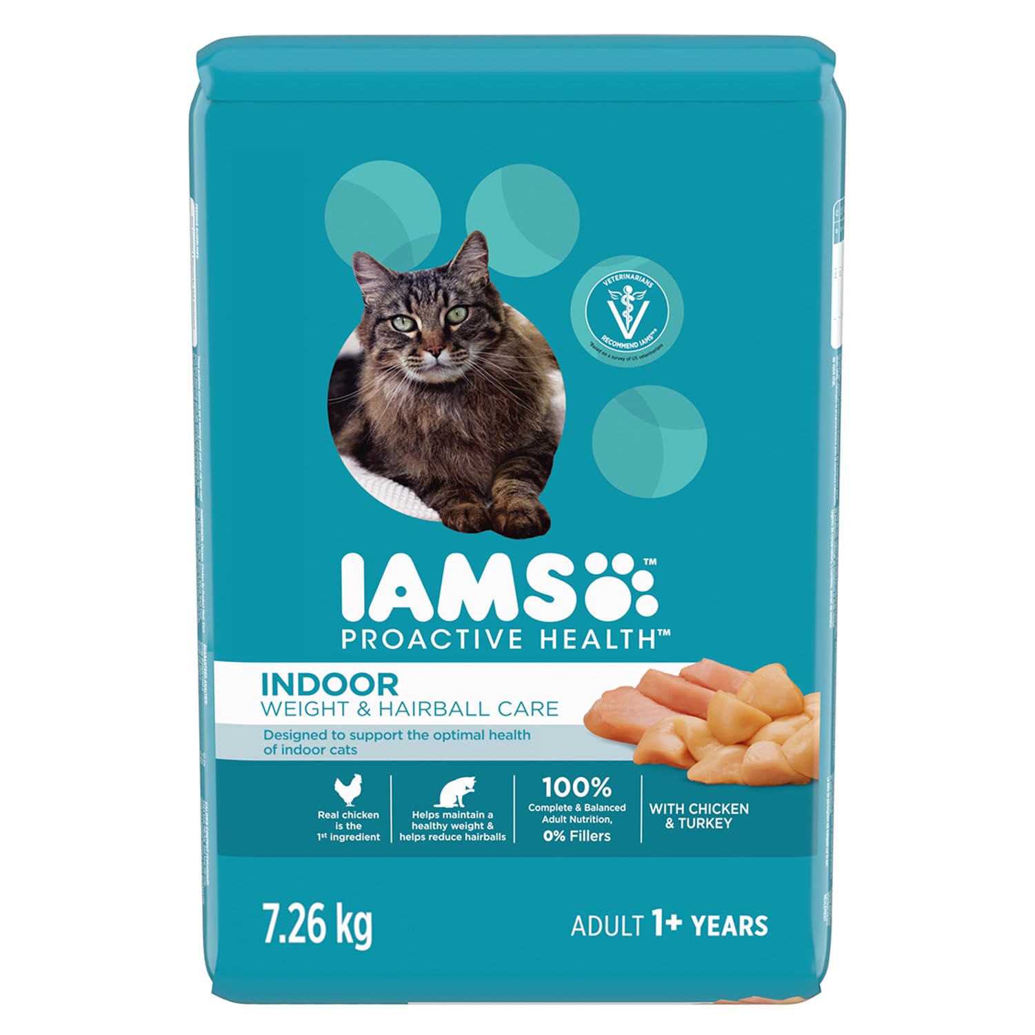 IAMS Proactive Health Indoor Weight & Hairball Care Adult Dry Cat Food – Chicken & Turkey - 7.26KG (16LB) Bag image 3