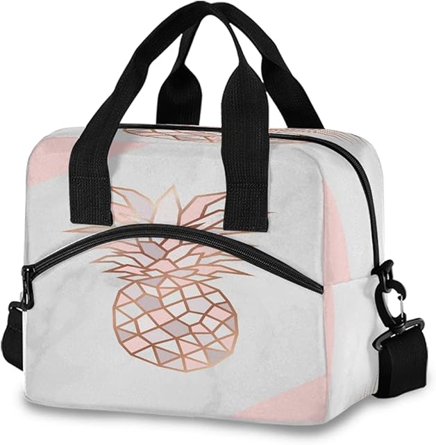 Rose Gold Pineapple On Pink and White Marble Lunch Bag for Kids Insulated Cooler Lunch Box Large Capacity Lunch Organizer for Boys Girls
