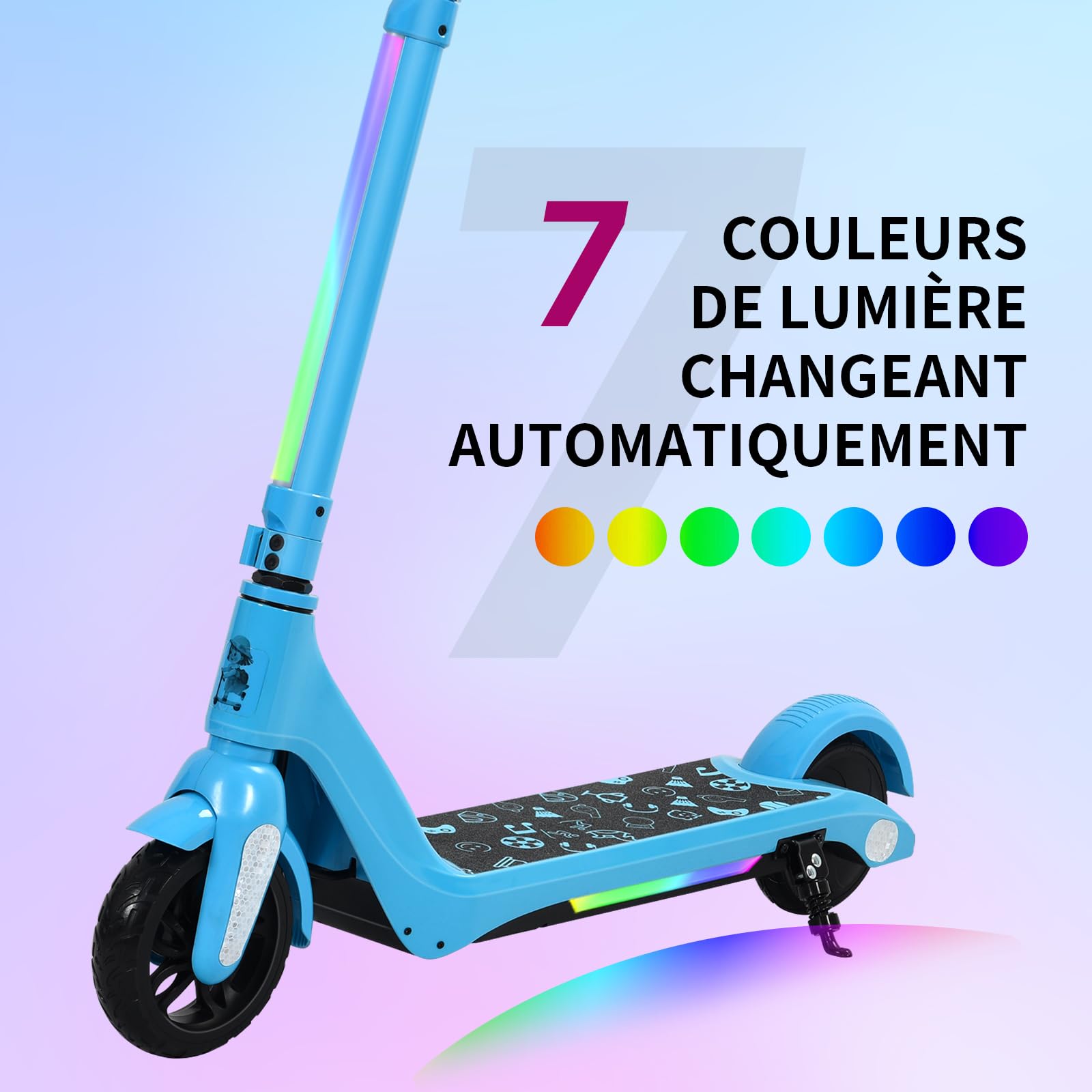 Trottinette Électrique Enfant 6-12 Ans – Lumières Arc-en-Ciel, 15 Km/h, Autonomie 8 Km, Hauteur Réglable