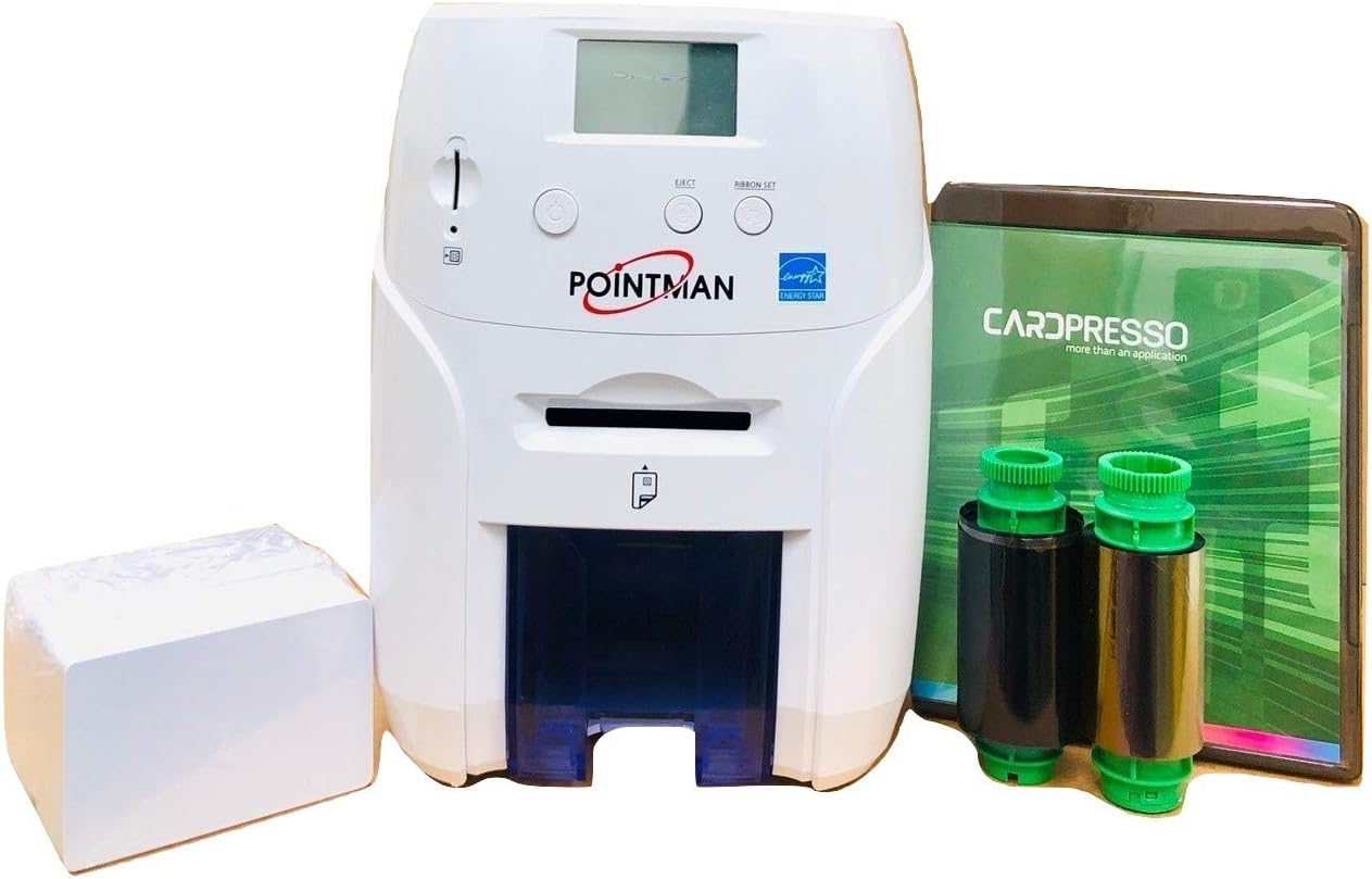Pointman Nuvia N20 Dual Side ID Card Printer Bundle with badging Software, Color dye Film, Blank Cards and cleanning kit