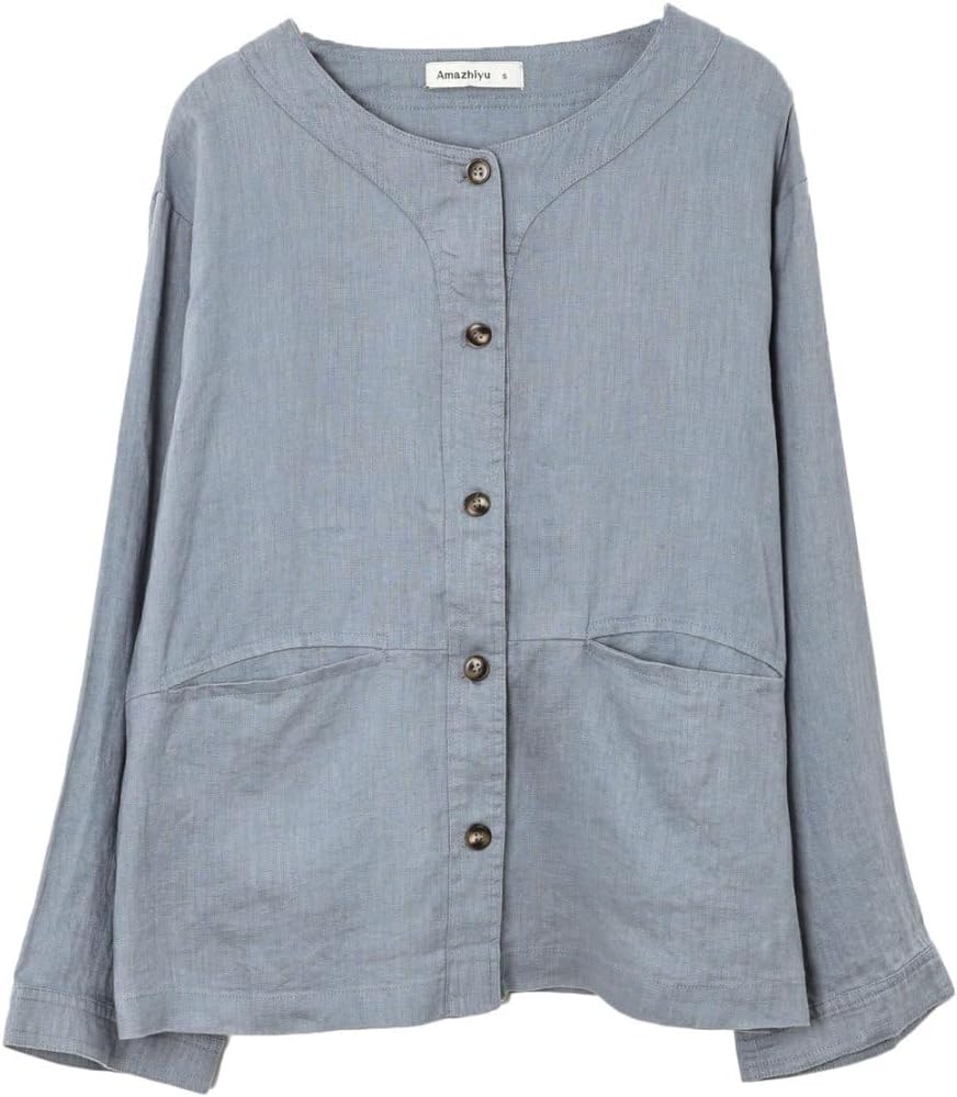 Amazhiyu Women's 100% Linen Long Sleeve Button Up Crew Neck Lightweight Cardigan - Image 4