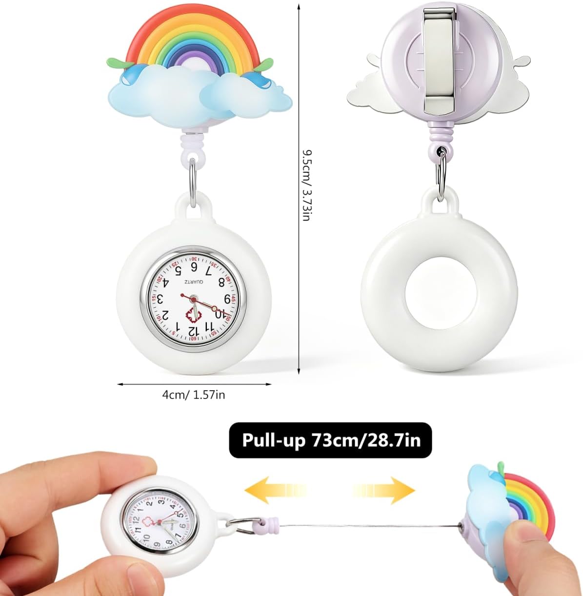 ibasenice Retractable Rainbow Badge Nurse Watch Waterproof Pocket Watch with Large Dial for Women Professionals Portable Clip-on