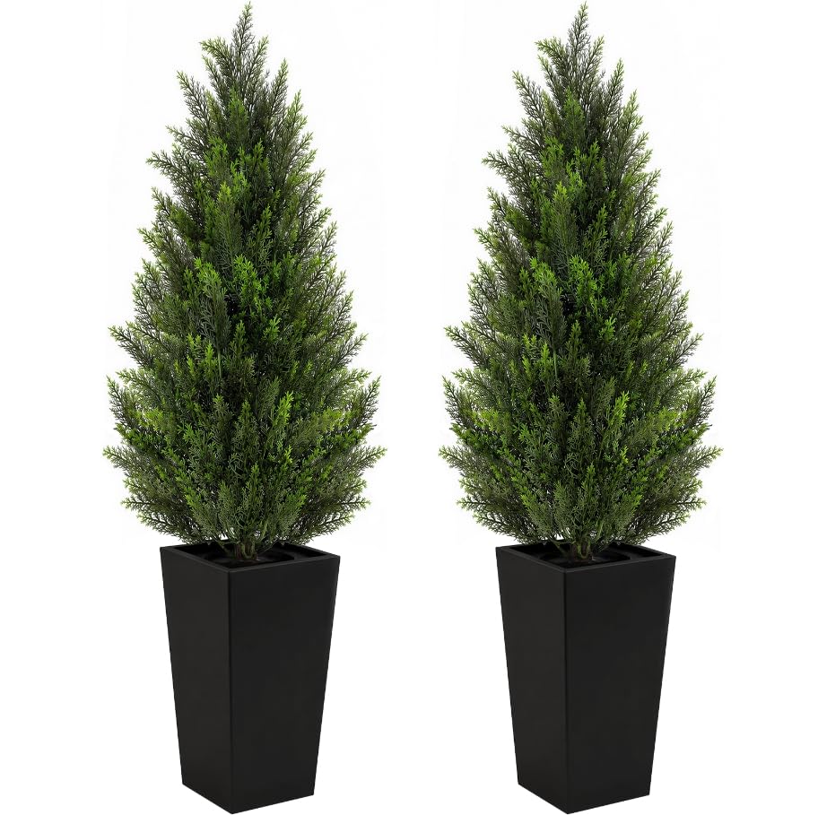 Image of VIVATREES 5FT Artificial Cedar Topiary Trees 2 Pack, Faux Cypress Plants with Black Square Planters, UV Resistant Outdoor Evergreen Decor for Front Porch, Patio, Garden & Home