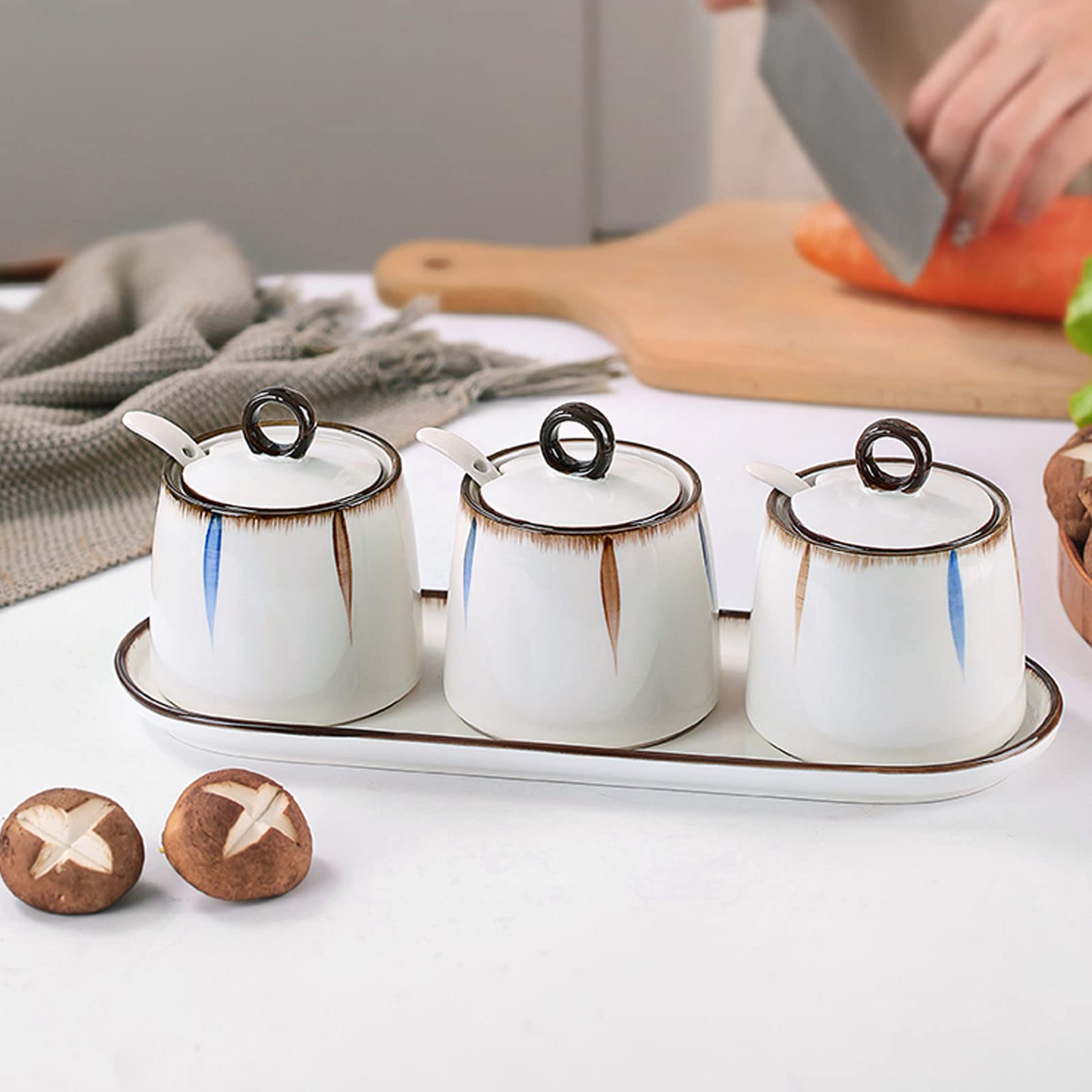 Sucrier en céramique,Contenants à épices, Sucrier avec Couvercle et cuillère, boîtes à Sucre à café en céramique, Pot à épices, Pot à sel, boîte d'assaisonnement-1 (Color : 3 Set of)