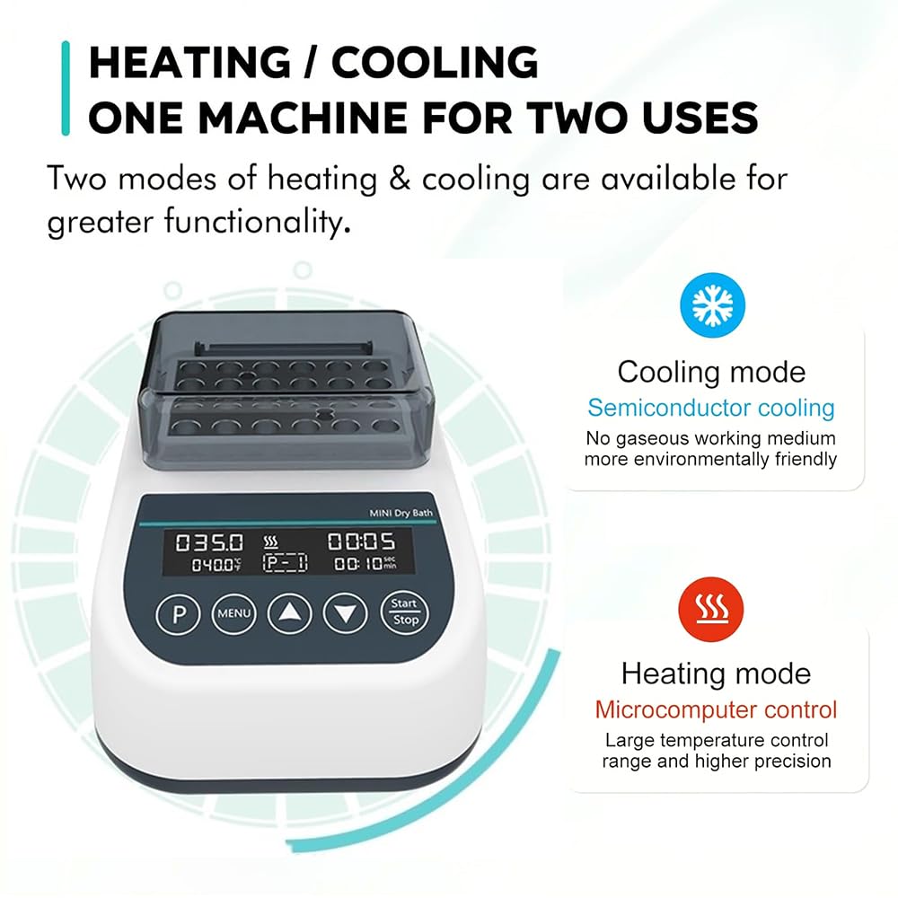 Mini incubadora de baño seco, calefacción y refrigeración de laboratorio, 9 configuraciones de programa, control termostático, tubos de 0,2/0,5/1,5/2 ml, para secado de reactivos químicos