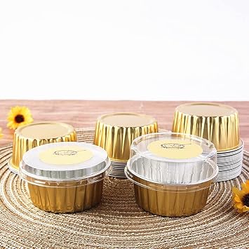 100 Pack Aluminum Foil Baking Cups with Lids 5 oz Dessert Cups Muffin Tins Disposable Mini Cake Pans Cupcake Cups Muffin Tins Liners for Wedding Birthday Individual Dessert Containers (Gold)