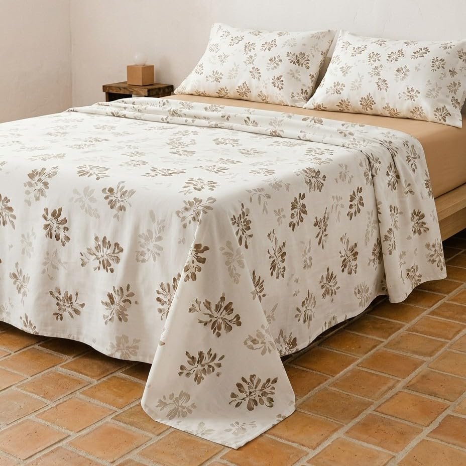 Juego sabanas 100% algodón, Flores Cama 80/90, con Funda de Almohada, Taupe.