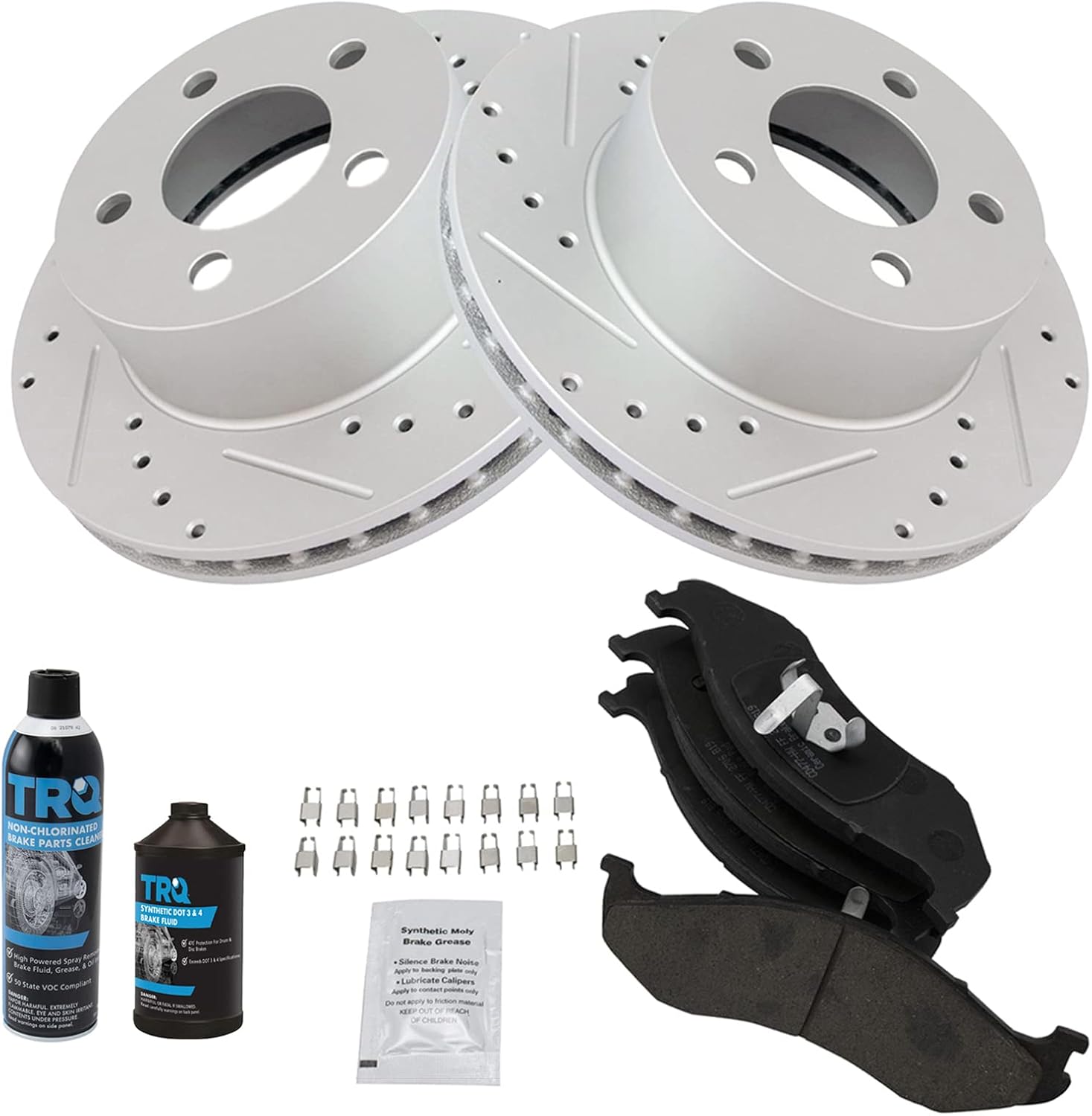 TRQ Ceramic Brake Pad & Cross Drilled Rotor w/Chemicals Compatible with 1990-1998 Jeep Cherokee 1990-1992 Comanche 1993-1998 Grand Cherokee 1990 Wagoneer 1990-1999 Wrangler