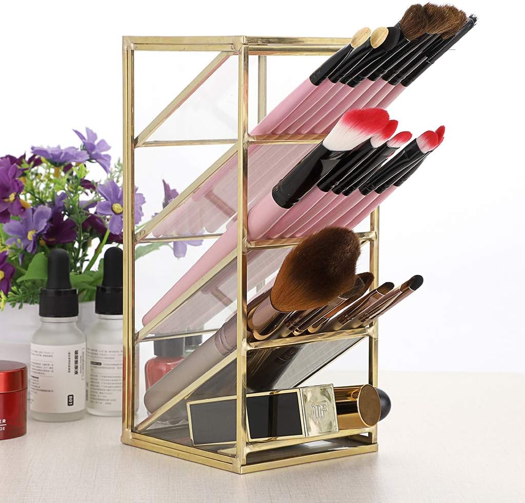 Hipiwe Vintage Gold Metal Desk Organizer - Glass Make up Brushes lipstick Holder Dresser Organizer Pen Pencil Storage Holder for Home Office Supplies (4 Compartment)