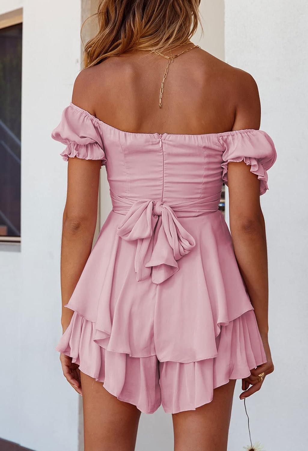 Fixmatti Women Boho Romper Off Shoulder Ruffle Chiffon Shorts Jumpsuit Playsuits - Image 3