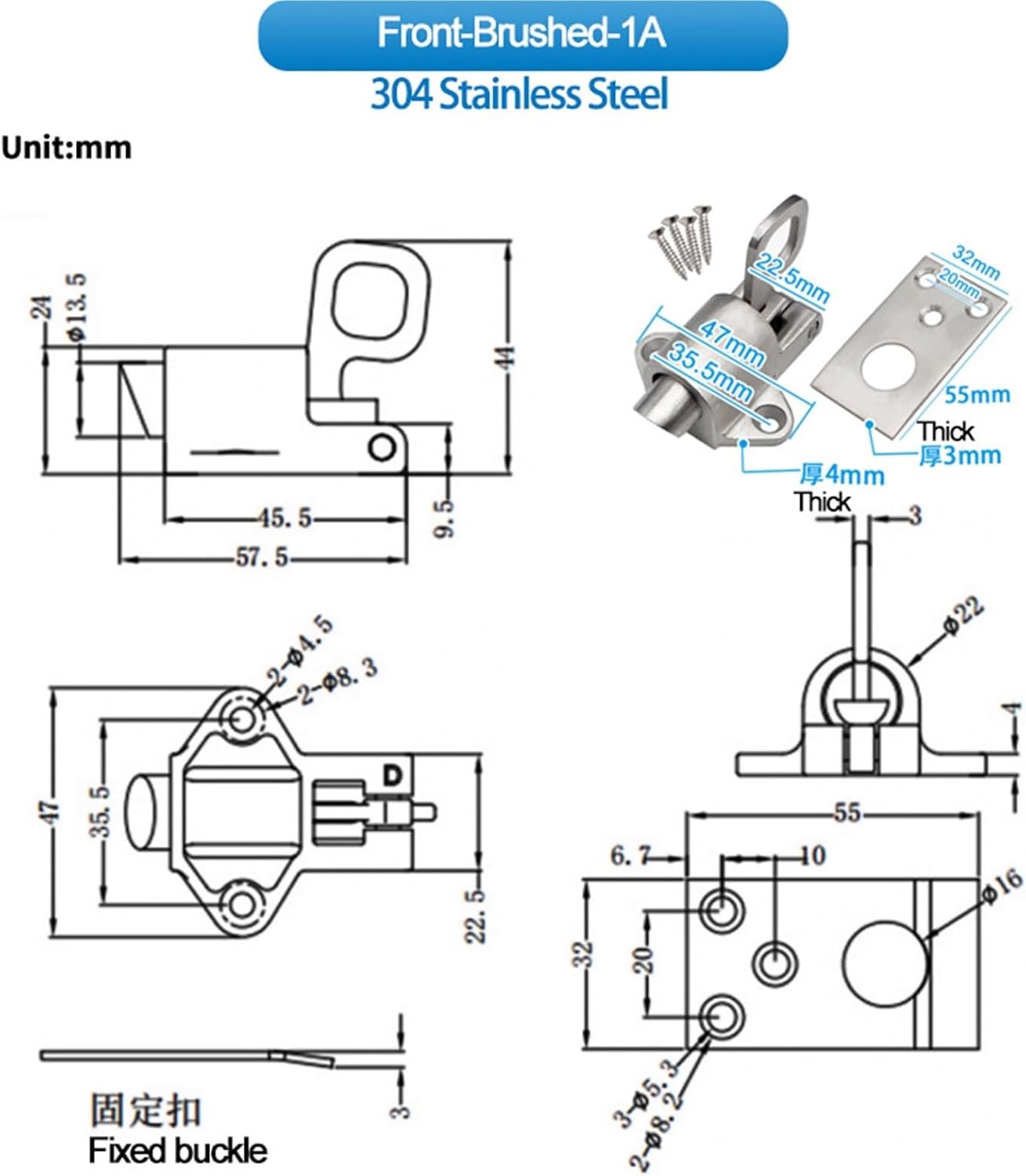 Industrial Machinery Equipment Door Hardware Accessories 304 Stainless Steel Spring Automatic Pin Aircraft Lock 1Pcs(Front-Brushed-1)