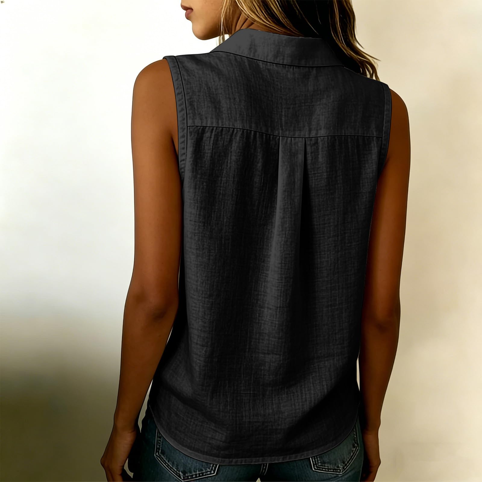 Chemisier Femme sans Manches Coton et Lin - Été Chic Décontracté Col en Revers Bouton - Coupe Fluide Lâche Respirant Léger Couleur Unie - Blouse Tunique Top pour Plage Vacances Quotidien