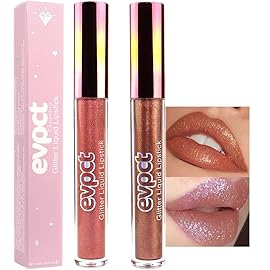 evpct 2Pcs Bronze Gold Nude Gold Matte to Glitter Liquid Lipstick Set for Women Long Lasting Glossy Metallic Shimmer Sparkle Lipstick Lip Gloss 5+14