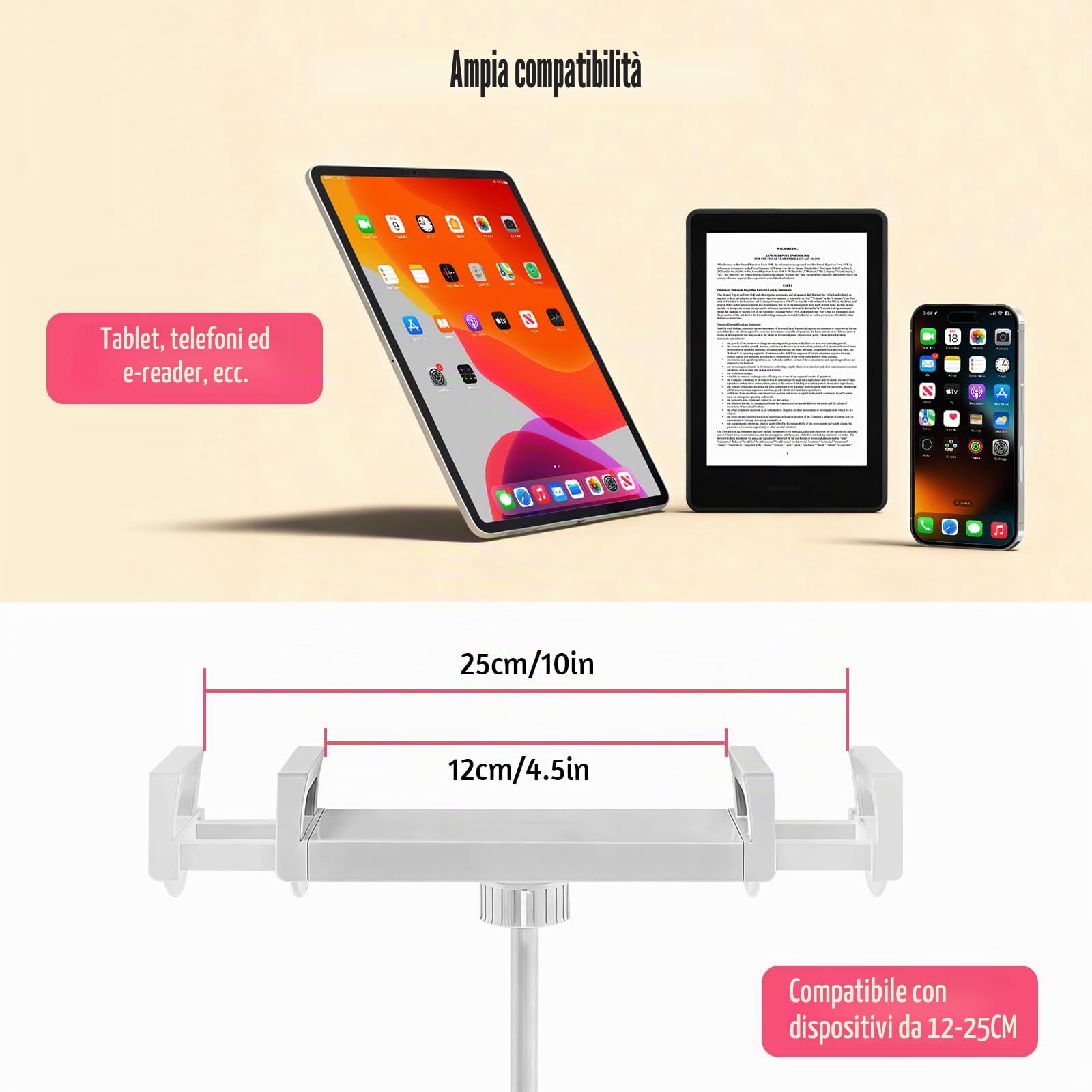 Supporto per Tablet, Supporto Kindle Regolabile per la Lettura | con 3 Ciotole per Snack Compatibile con Telefoni, Tablet e Dispositivi Kindle da 4,7"-13"