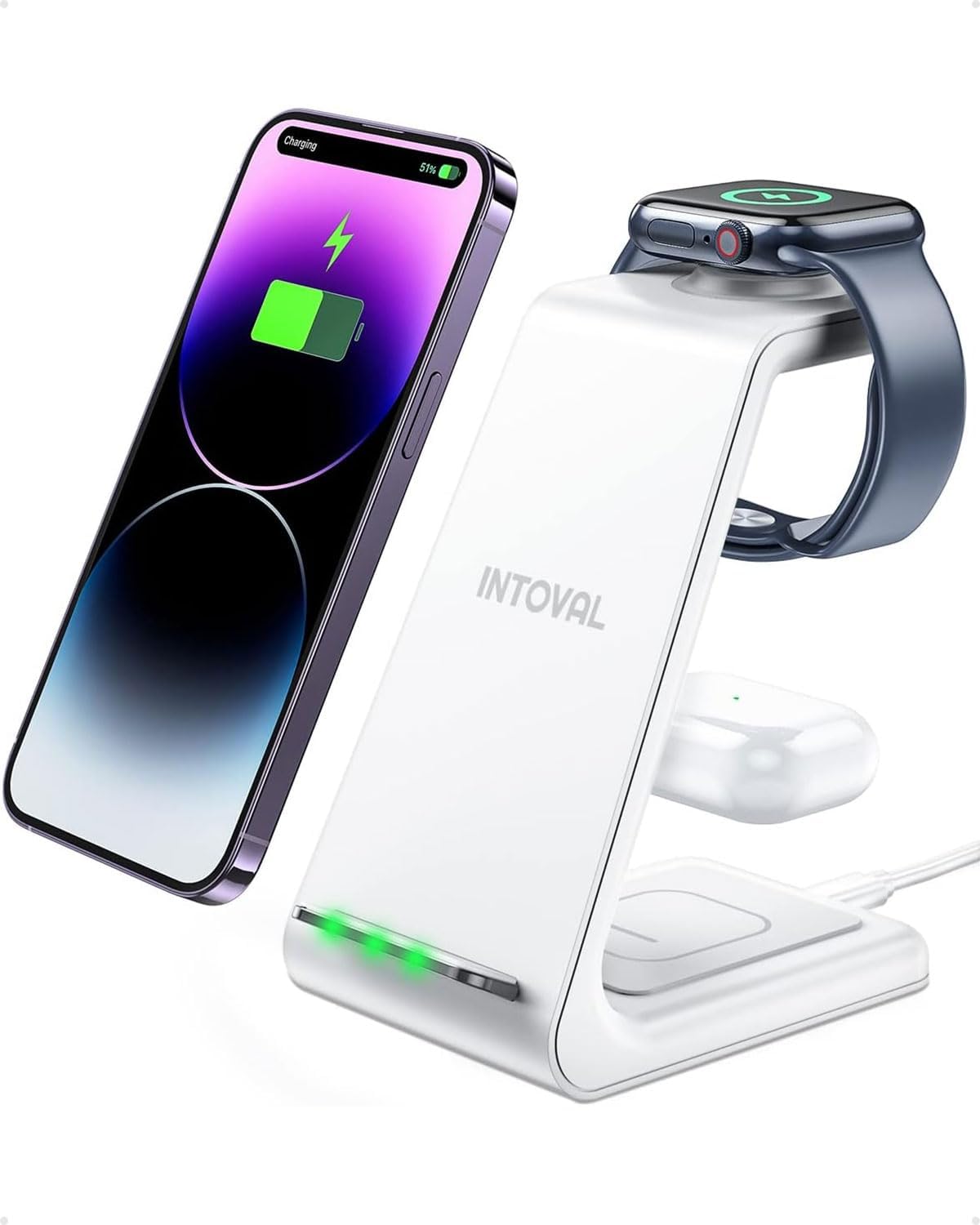 Intoval, stazione di ricarica wireless 3 in 1, per Apple iPhone/iWatch/Airpods, iPhone 13,12,11 (Pro, Pro Max)/XS/XR/XS/X/8 (Plus), iWatch 7/6/SE/ 5/4/3/2, Airpods Pro/3gen (A3, bianco)