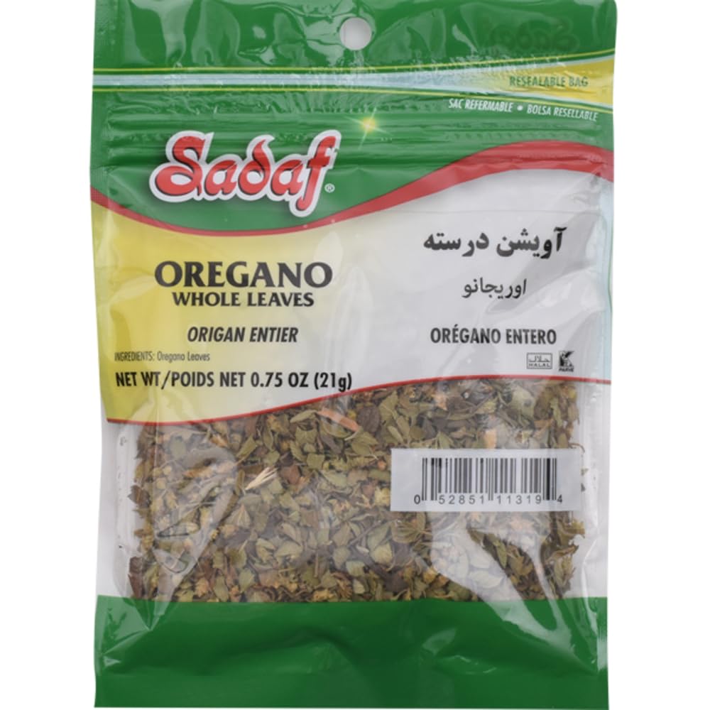 Sadaf Whole Oregano Leaves - Premium Kosher Vegetarian Herb for Mediterranean Cooking & Seasoning, 0.75oz Resealable Bag