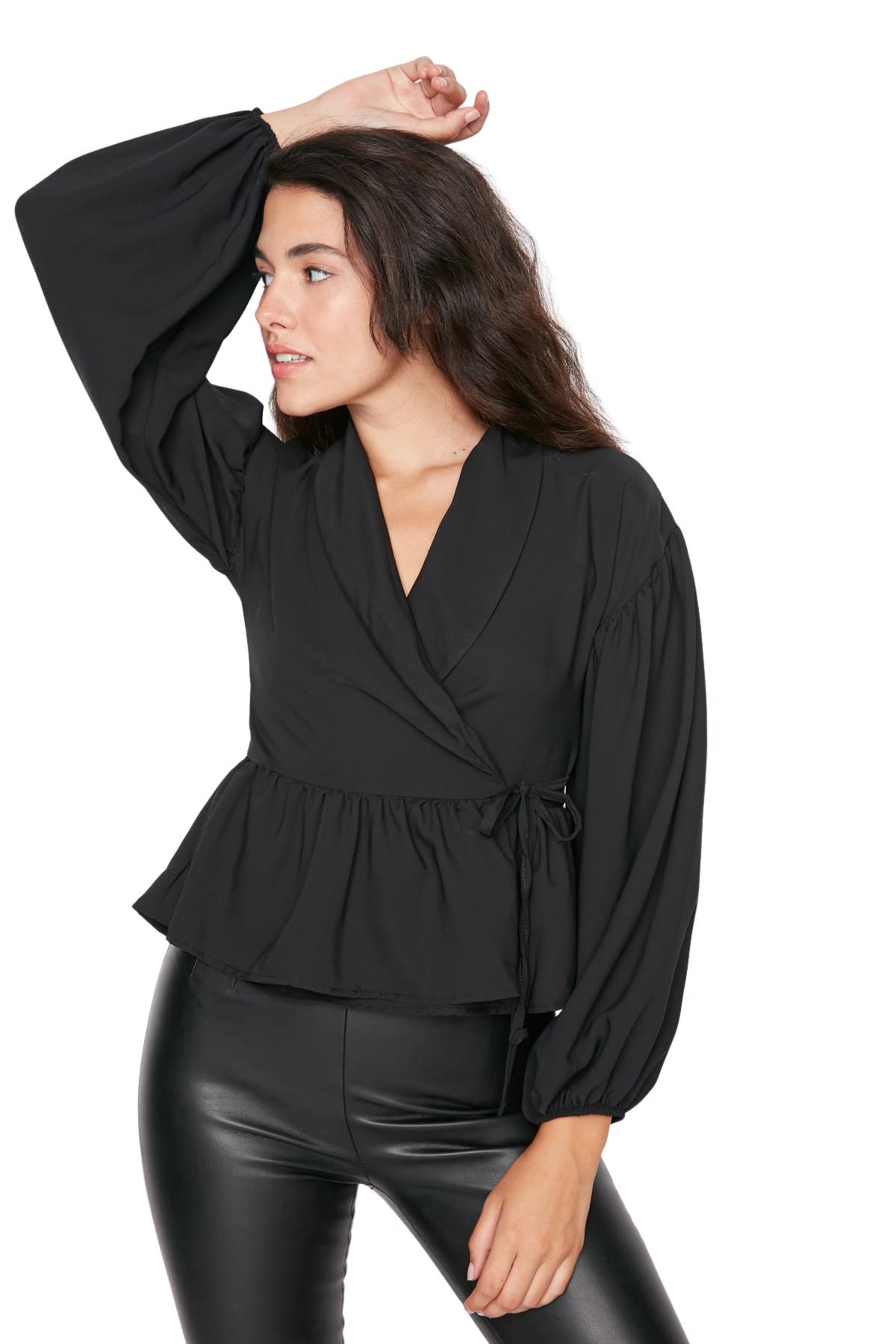 Trendyol Damen Woman Wrapover A-line Shawl Collar Woven Blouse Hemd, Black, 34
