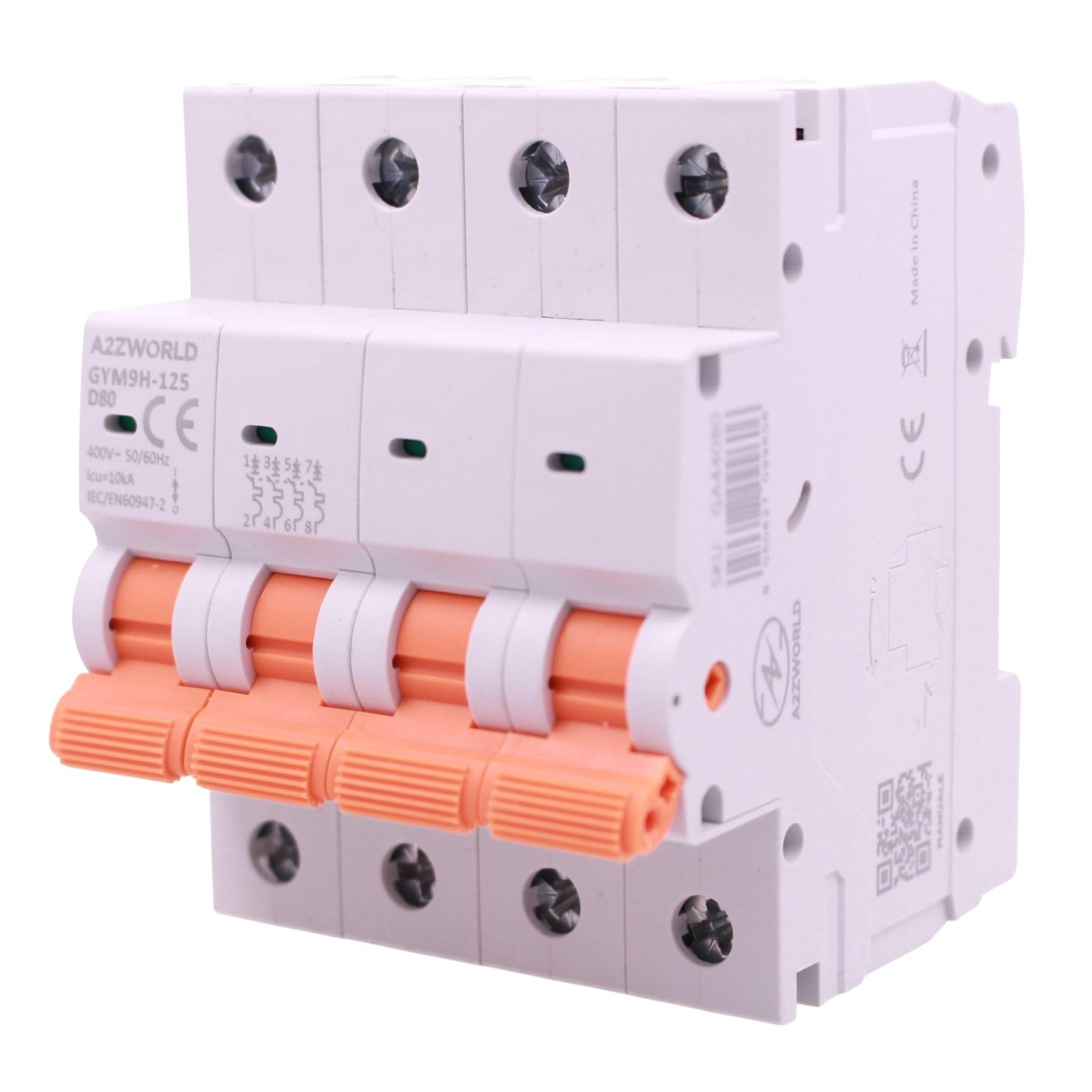 4 interruptores magnetotérmicos trifásicos 4P 80A D80, curva D 10kA, 4 módulos DIN 380 V AC, certificado IEC60898-1, serie GYM9H-125 profesional