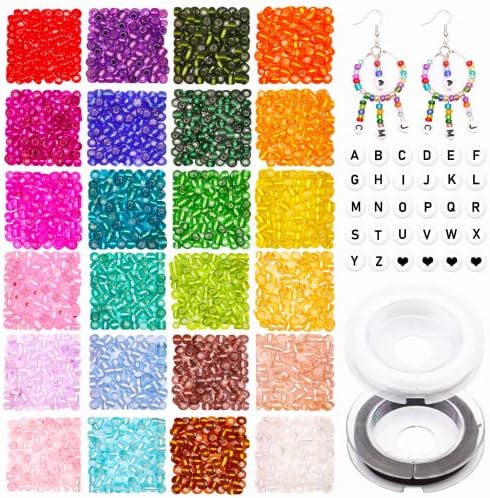 7200pcs 2mm Glass Seed Bead and 270pcs Alphabet Letter Beads for Jewelry Making, Small Bracelets Beads Pony Beads with 2 Roll Elastic Strings for Necklace Earrings Making Art Craft DIY Decorations