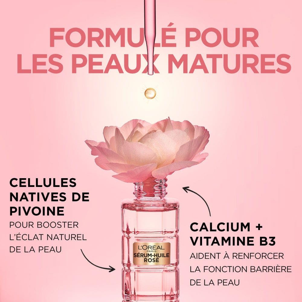 L'Oréal Paris Serum Huile Rosé - Przeciwstarzeniowa pielęgnacja twarzy i intensywne odżywianie - skoncentrowany w rodzimych komórkach piwonii i wapnia B3 - dla skóry dojrzałej - Age Perfect Golden Age