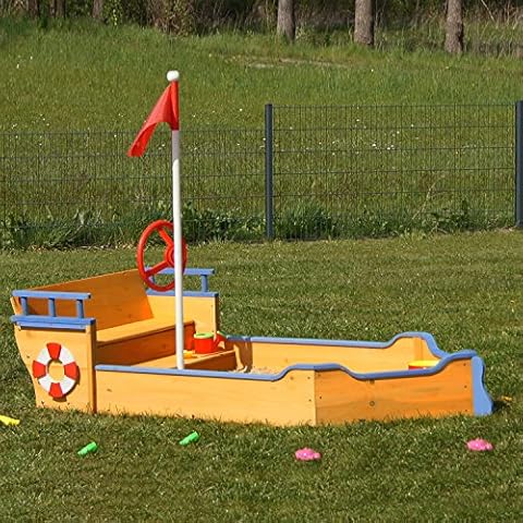 Sandkasten aus Holz Boot Segelschiff Priantenschiff Sandkiste Sandbox mit roter Flagge, Abdeckung, Vlies Bodenplane, Flaggenmast & Steuerrad für Kinder Cover