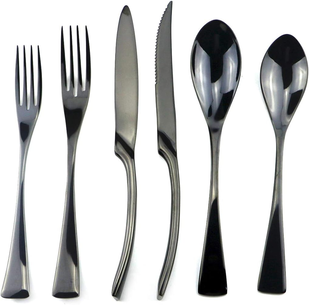 Stainless Steel Mirror Polished Black Flatware Set , Steak Knife Dinnerware Knife Fork Salad Fork Dessert Spoon 24-piece , Service for 4