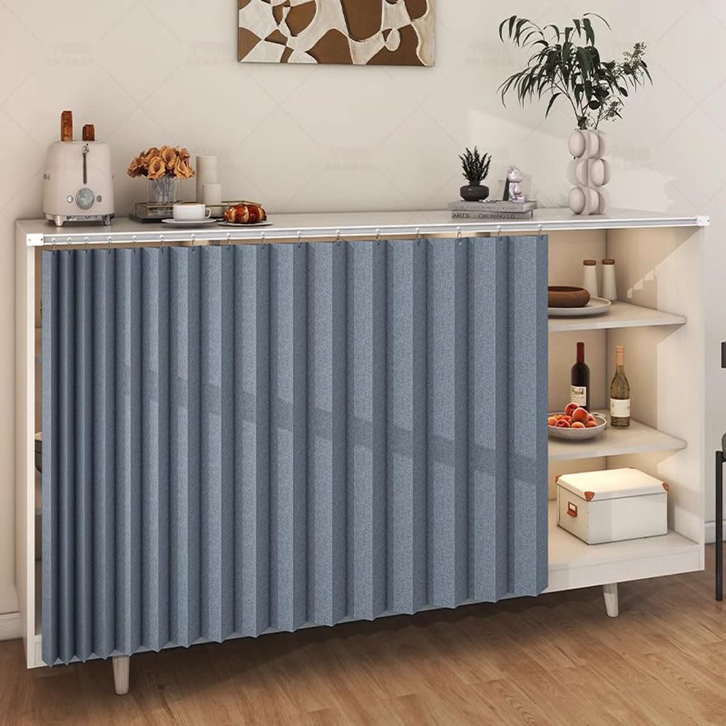 Multifunctional Kitchen Curtains - Short, Dustproof, Waterproof, Blue (Size: 90 x 110cm) With Sliding Tracks