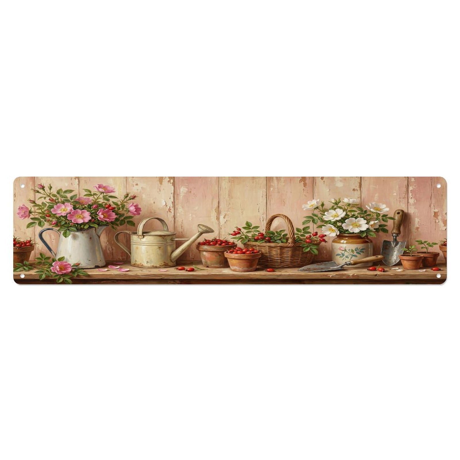 Floral Garden Tools Wild Rose Pattern Print Metal Tin Sign