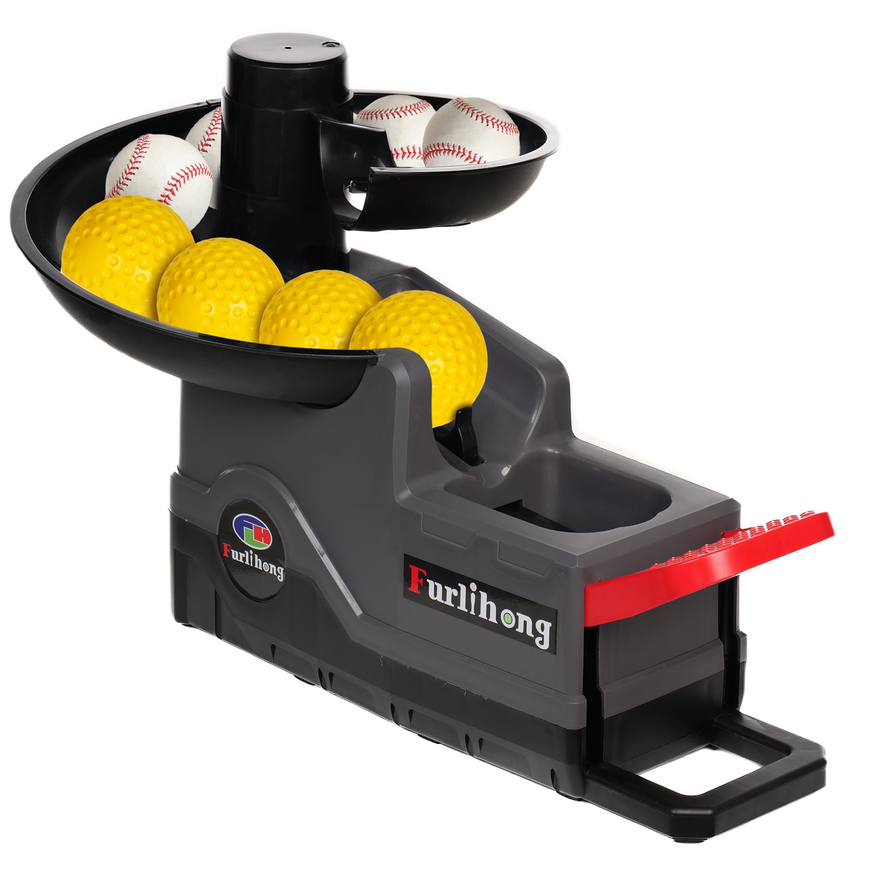 furlihong 691bh baseball softball toss machine, foot-operated, no power needed, 4 adjustable gears, includes 2 ball chutes, 1 pu baseball & 1 pu softball