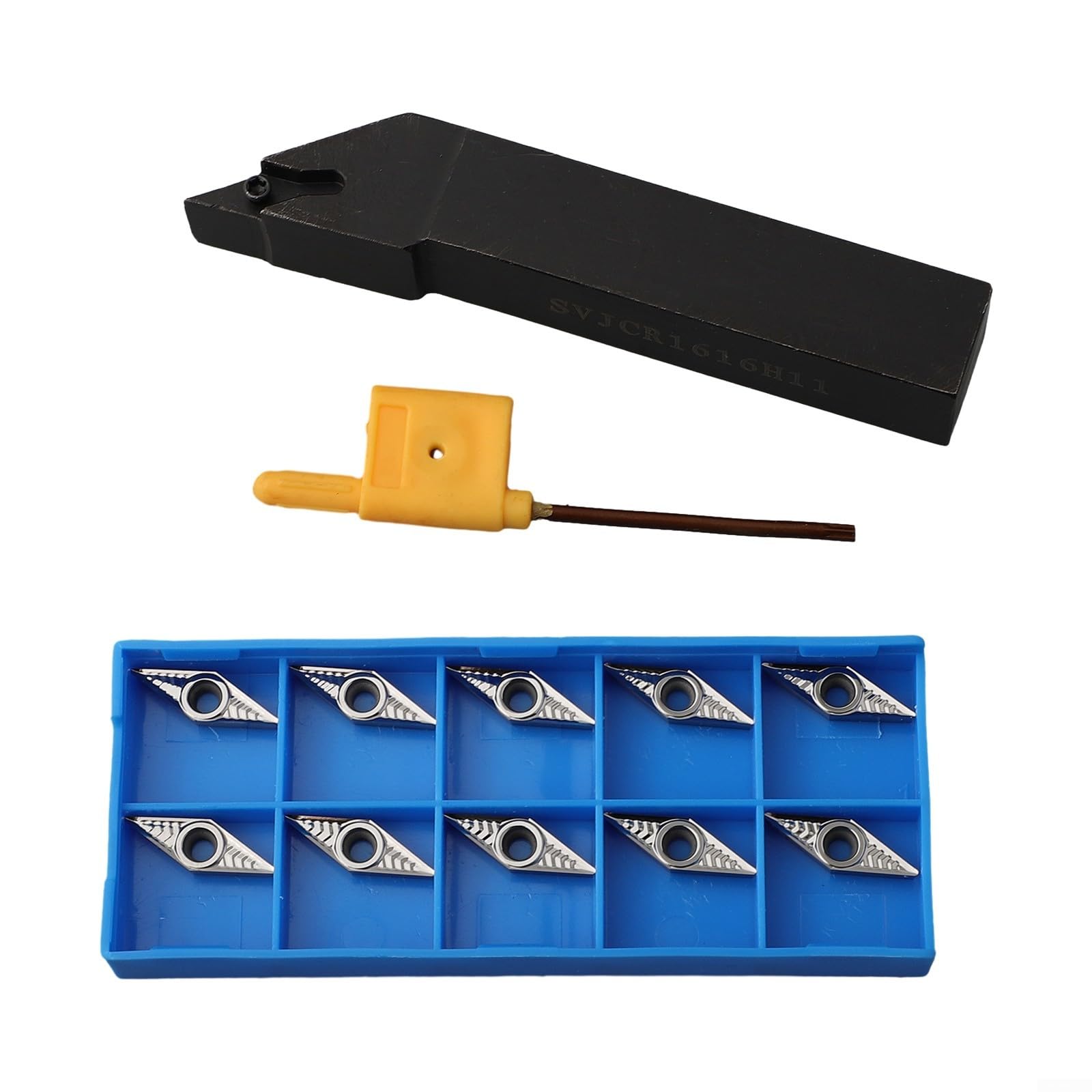 VCGT110304-AK H01 Insert en carbure avec SVJCR1616H11 Porte-outil de tour droit de 16 mm pour tournage CNC, angle de coupe de 93°, tige en acier au carbone pour semi-finition et finition