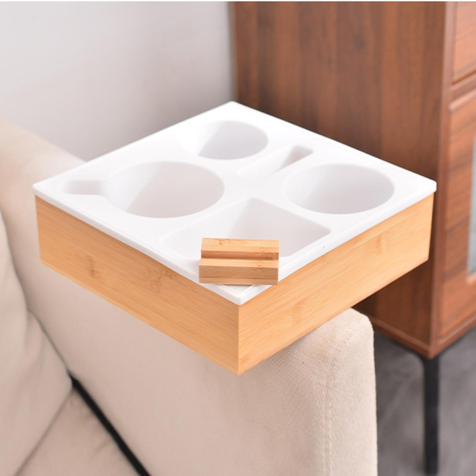 Plateau Porte-Gobelet En Bois Pour Canapé Lit - Organiseur Amovible Avec Support Téléphone 25x25x8cm