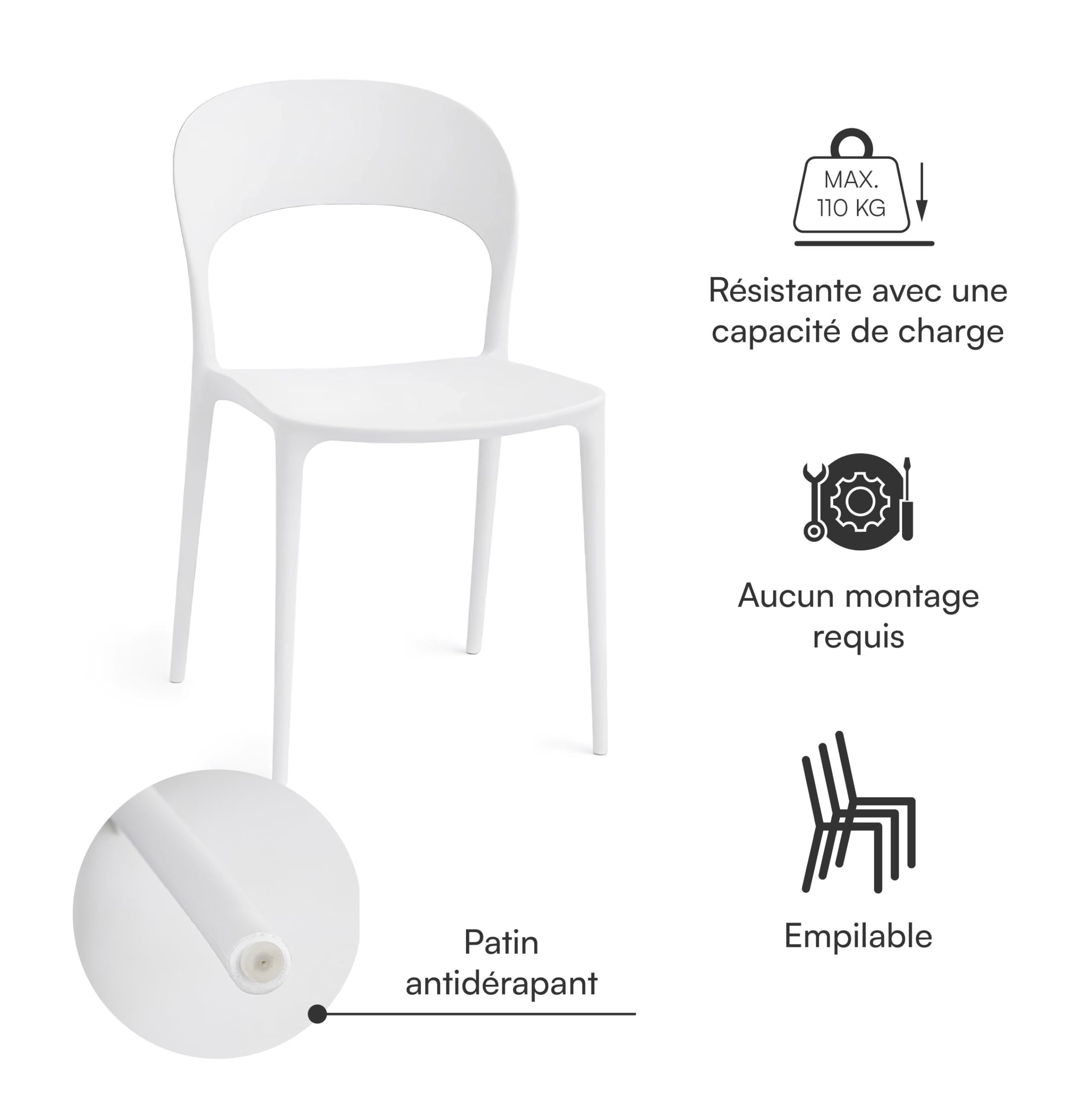 Baroni Home Lot de 4 Chaises en Plastique Blanc – Empilables, sans Montage, Faciles à Nettoyer, avec Patins Aantidérapants, pour Cuisine, Salon, Salle à Manger, Extérieur 41x38x77 cm, Dossier Arrondi