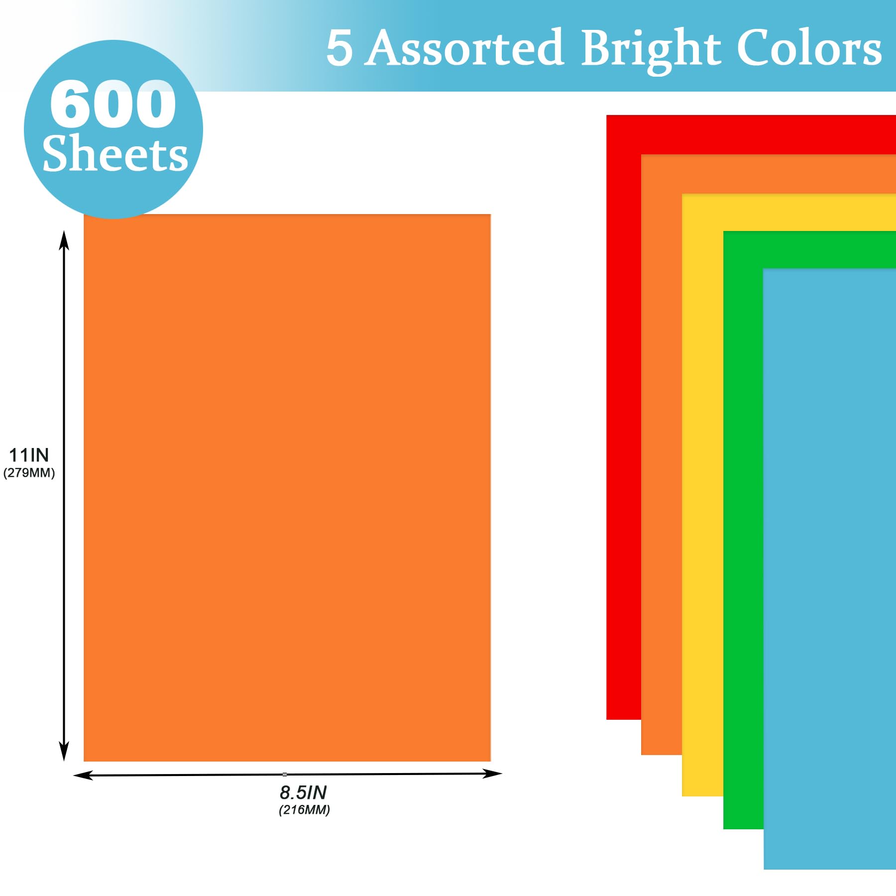 600 fogli di carta colorata 22,5 x 28,5 cm, carta per fotocopie per stampante a colori, 80 g/m², double face, per origami fai da te, 5 colori vivaci
