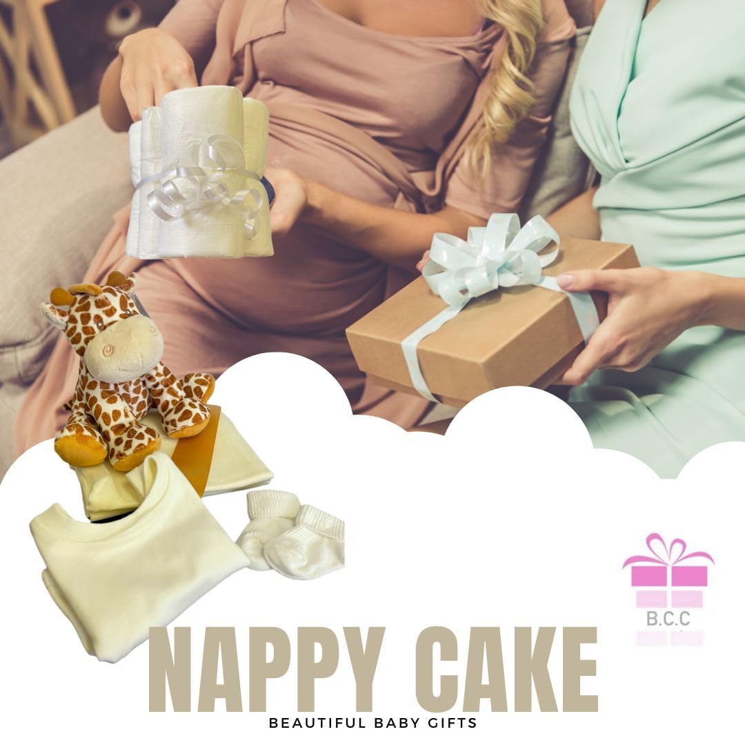Pannolino Torta Neutro Unisex Baby Gift – Mussola Square wrap 9 Premium Pannolini Bavaglino Calzini e Peluche Morbido Giraffa